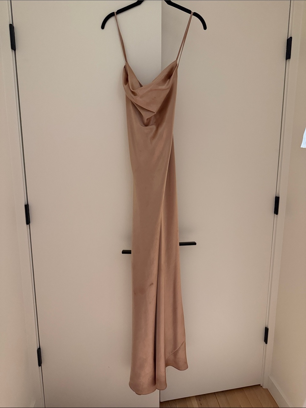 Satin Cowl Slip Maxi Dress in Beige